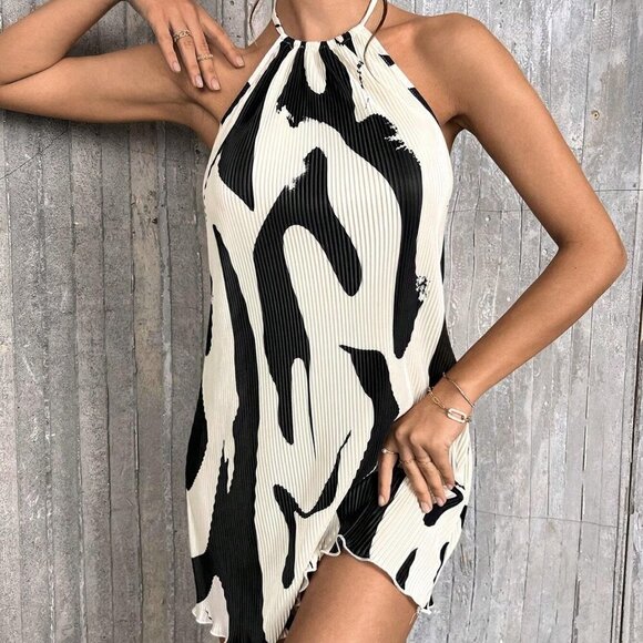 Black & White Boho Womens Graphic Print Tie Backless Halter Dress - Picture 5 of 5